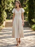 Linen Beige Short Sleeves Midi Dress