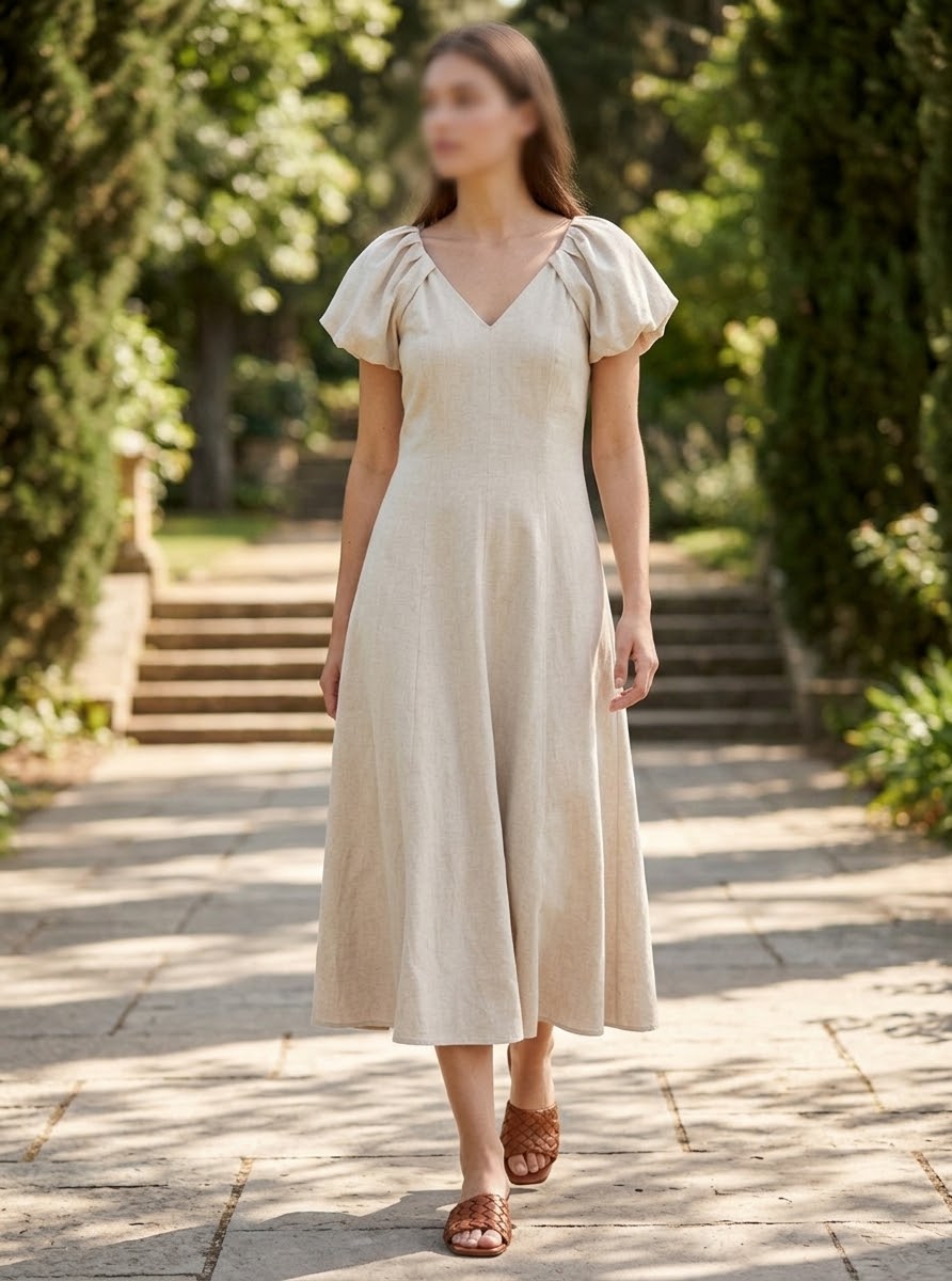 Linen Beige Short Sleeves Midi Dress