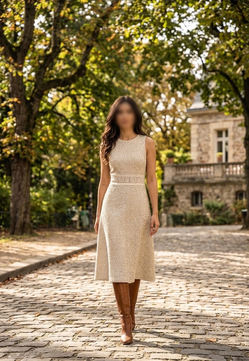     Zara beige sleeveless knit lace midi dress styled on model