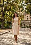     Zara beige sleeveless knit lace midi dress styled on model