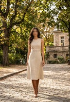     Zara beige sleeveless knit lace midi dress styled on model