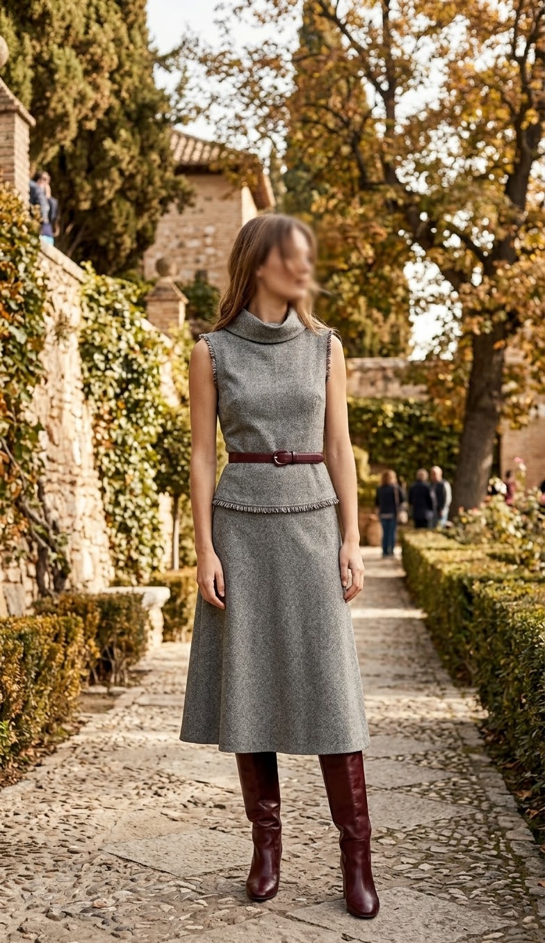    Woman wearing Zara beige tweed sleeveless belted midi dress