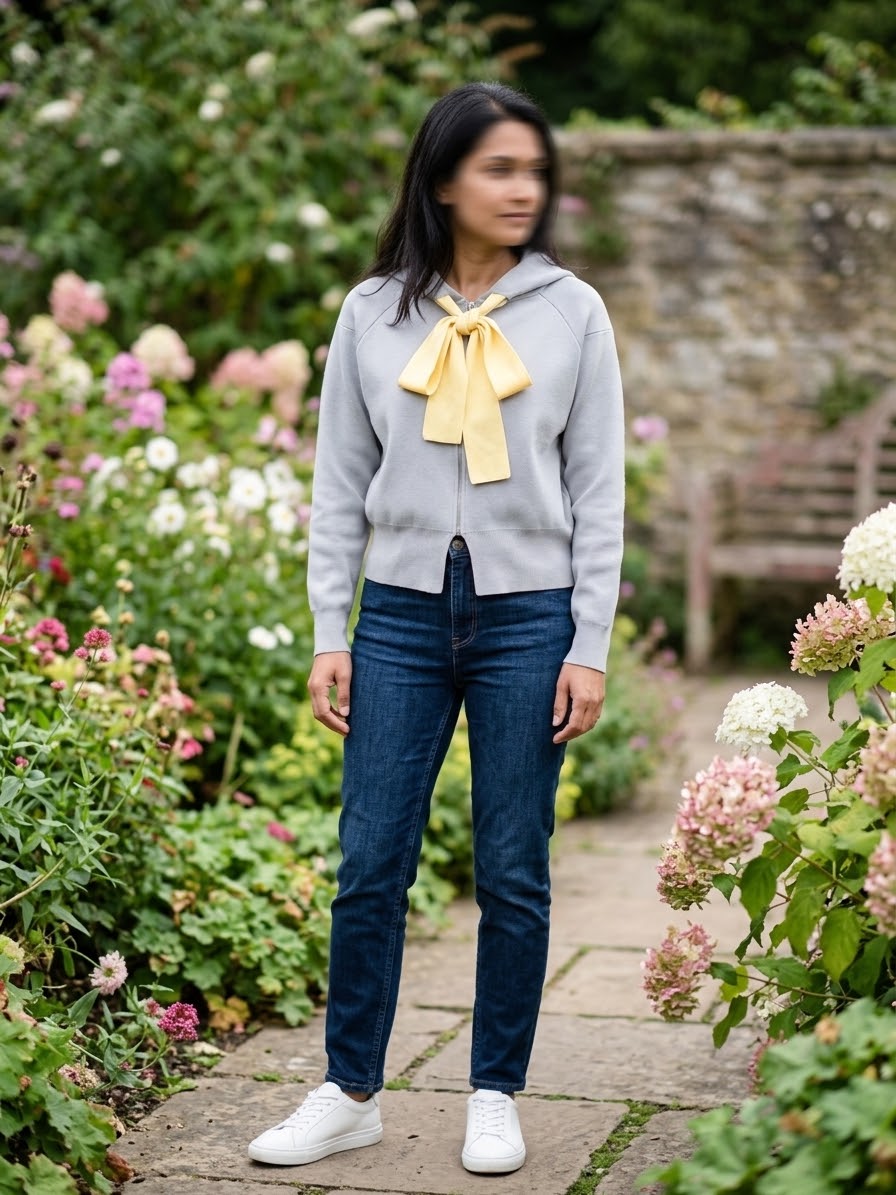     Woman wearing Zara grey hooded knit cardigan with yellow tie