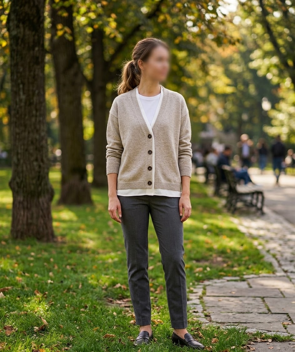     Woman wearing Zara beige long sleeve knit cardigan